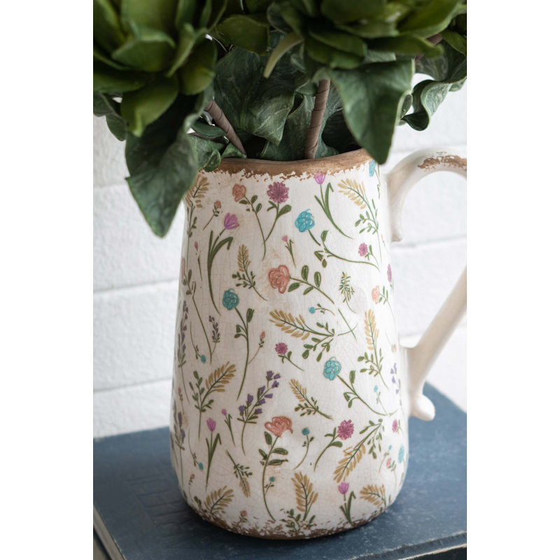 8.1X5.7X9.1" Round Ceramic Pitcher Vase With Multi-Colored Floral Motifs, 9.1" H x 8.1" W x 5.7" D, Multicolor