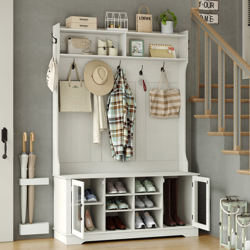 Jaxsin Hall Tree 47.3" Wide with Bench and Shoe Storage,4-in-1 Design Coat Rack for Entryway,Antique White, Antique White