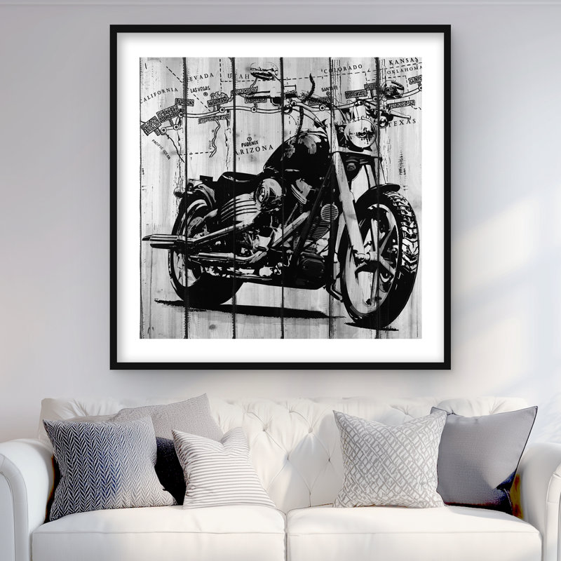 Motocyclette grise et noire, bureau rétro, impression encadrée, H 36 po x l 36 po, Noir