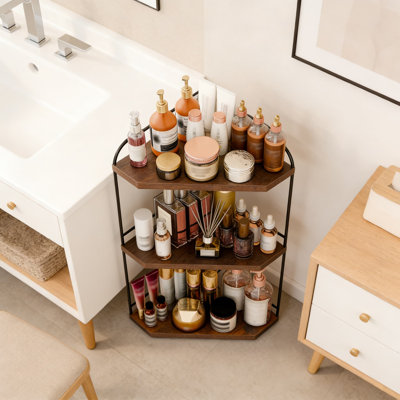 Organisateur de comptoir de coin à 3 niveaux pour meuble-lavabo et cuisine - Tablette de rangement en bois rustique et en métal pour le maquillage, les soins de la peau, les parfums et les articles de toilette