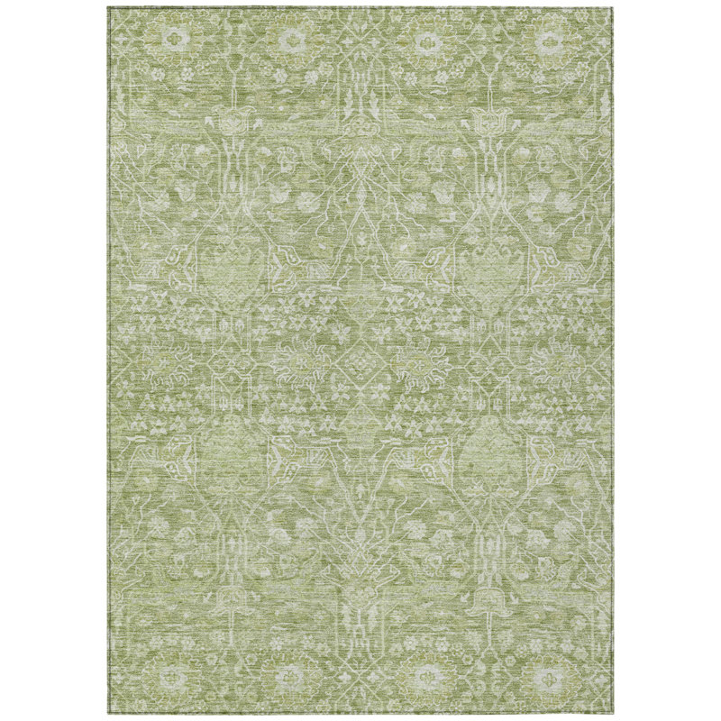 Tapis intérieur / extérieur 10 pi x 14 pi vert et ivoire à motif floral articulé lavable