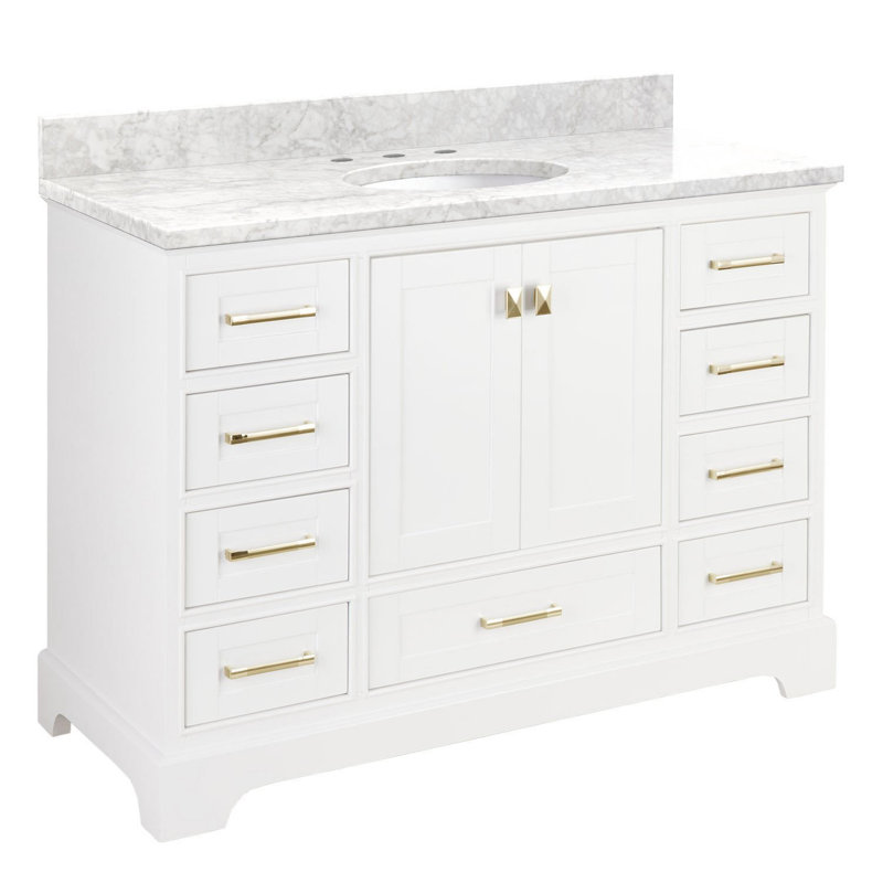 Quen 48" Freestanding Single Basin Vanity Set with Cabinet, Vanity Top, and Oval Undermount Sink, Soft White, Carrara Marble
