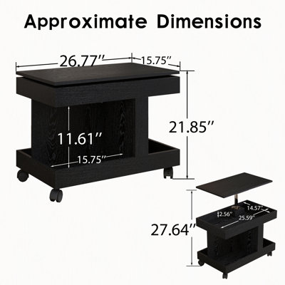 Petite table basse mobile avec plateau pivotant à 360°, compartiment de rangement et roulettes verrouillables.
