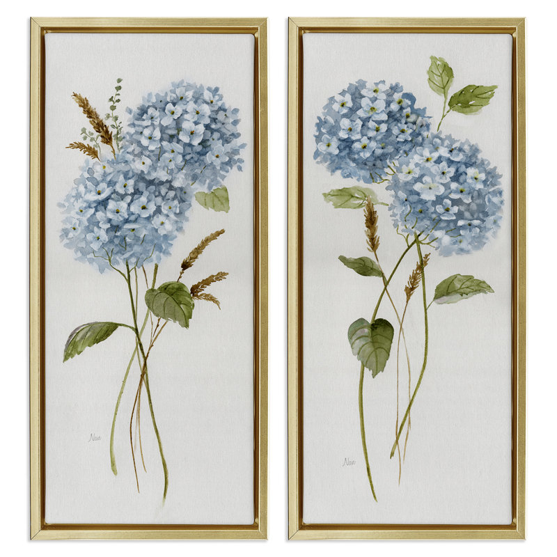 Ensemble de 2 toiles flottantes Blue Hydrangea, H 25 po x l 11 po, Cadre flottant métallique doré