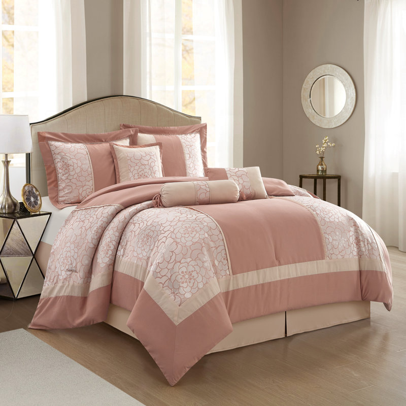 Ensemble d'édredon jacquard 7 pièces Sibyl, Édredon de très grande taille et 6 pièces suppl, Rosé