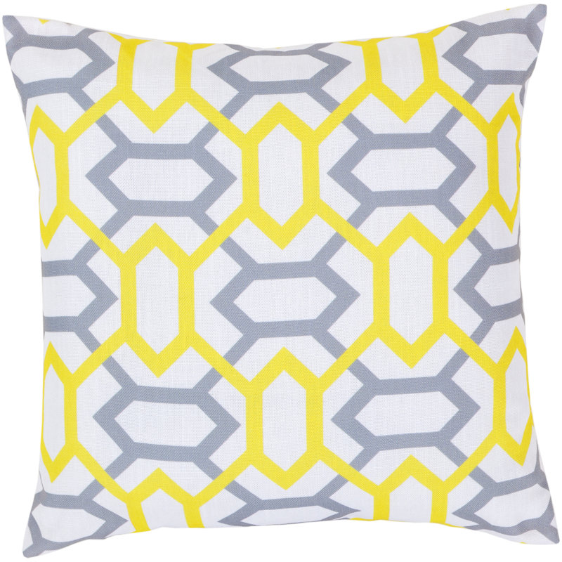 Coussin décoratif, H 22 po x l 22 po x P 4 po, Blanc / jaune chartreuse / gris, Polyester