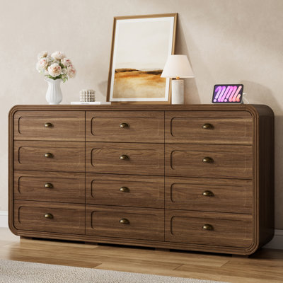 12 Drawer Dresser for Bedroom, 71'' W Large Chest of Drawers, Curved Design Modern TV Stand, Wood Closet Storage Organizer for Living Room, Walnut