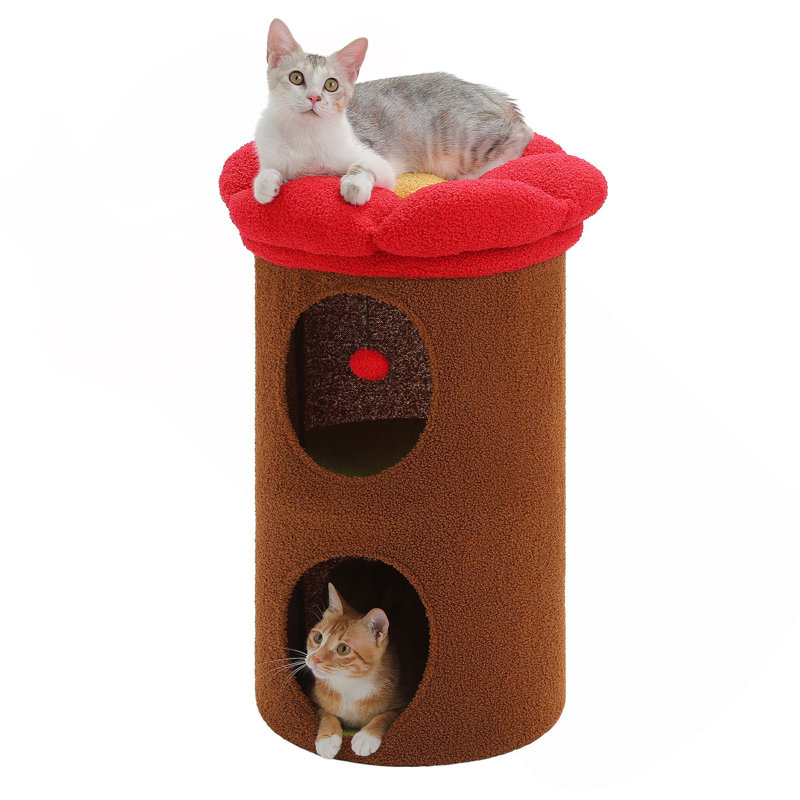 Lit pour chat à 2 niveaux pour chats d'intérieur, cabane dans un arbre avec lit de fleurs amovible, cachette pour chats mignons, maisonnette pour arbre à chat d'intérieur