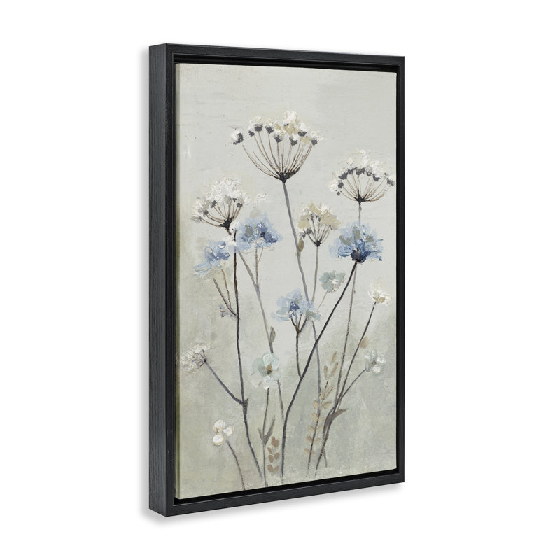 «Neutral & Blue Dandelions», par Patricia Pinto, Cadre flottant noir de jais, H 25 po x l 17 po