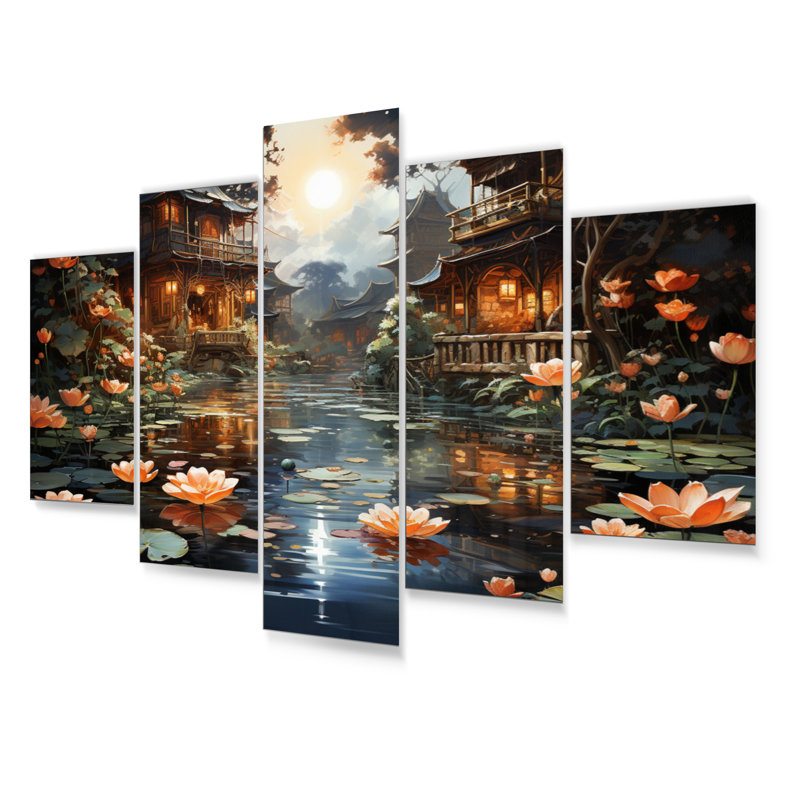 «China Art Lotus Lantern II», art mural chinois, salon, 5 panneaux, Metal
