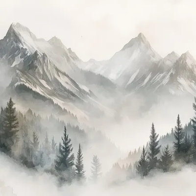 Murale paysage de montagne et forêt alpine brumeuse