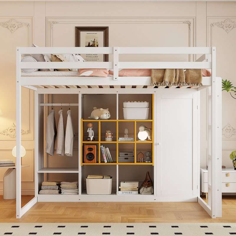 Lit mezzanine en bois avec garde-robe, tablettes et armoire, Lit double, Jaune / Blanc