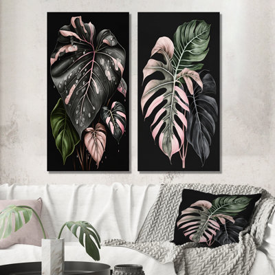 Rose et blanc feuille de philodendron I - ensemble d'art mural floral de 2 pièces