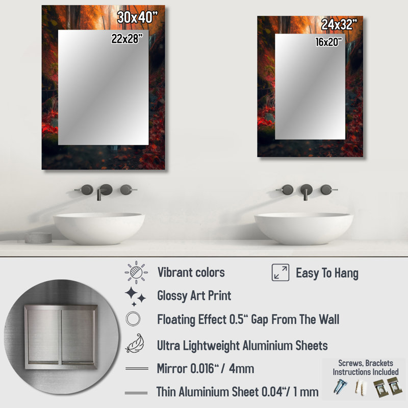 «Waterfall In Fall Forest I», miroir mural unique, impression sur métal, 32 po x 24 po