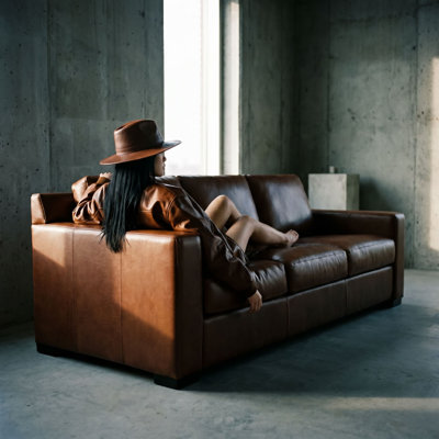 Heritage Cognac Top Grain Leather Akar 89" Genuine Brown Leather Square Arm Sofa