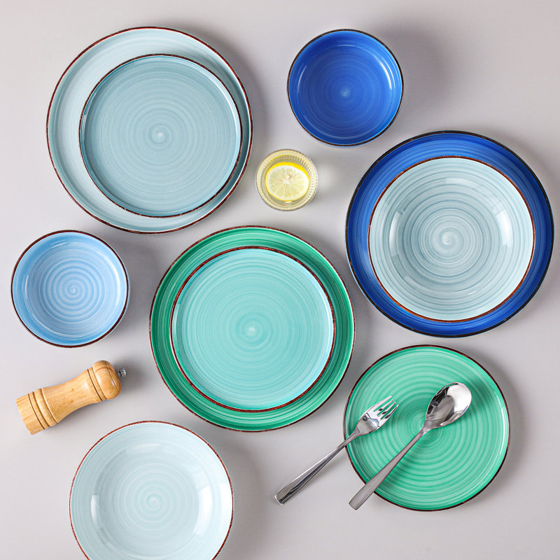 Stoneware Dinnerware Set 24 Piece - Service for 6, Blue/Teal/Grey