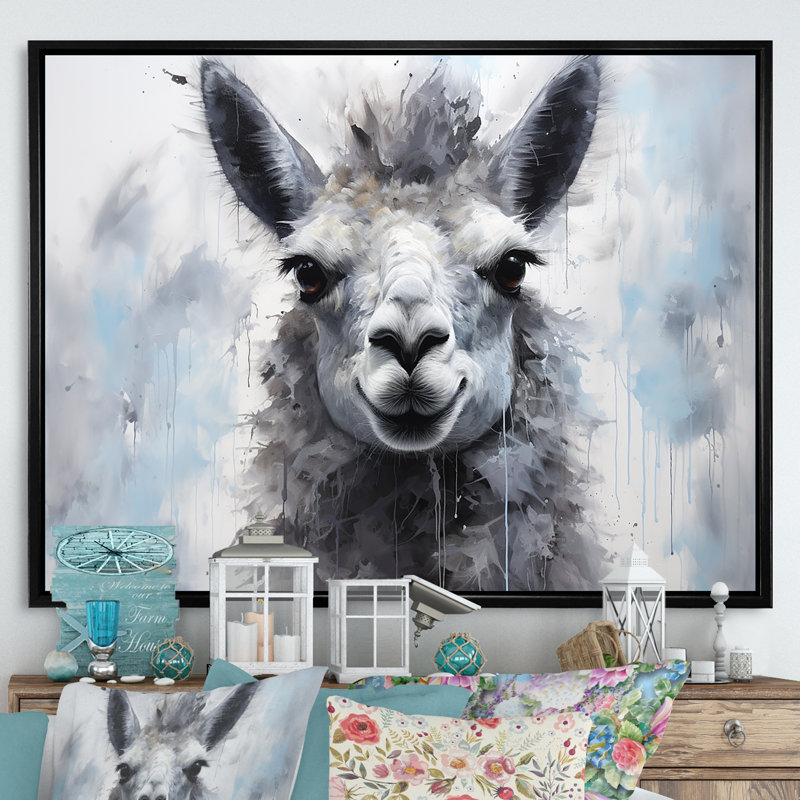 Portrait d'un lama gris sur toile, H 16 po x l 32 po x P 1 po, Cadre flottant noir
