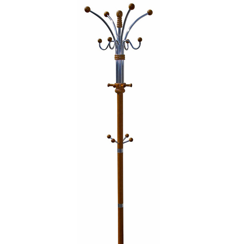 73" Tall Chrome And Wood Coat Rack, Oak