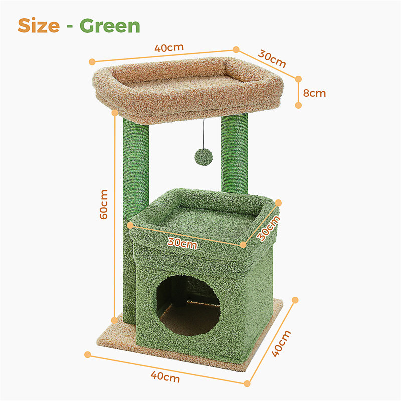 Arbre à chat, tour de chat en forme de cactus pour chats d'intérieur avec condo pour chat privé, poteaux à griffer en sisal naturel et pompon en peluche pour petits chats