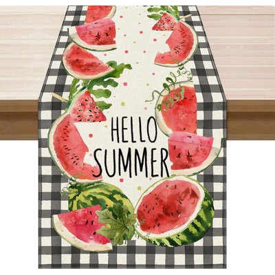 Hello Summer Watermelon Table Runner – Black And White Buffalo Plaid Farmhouse Kitchen Table Decor For Holiday Party & Home Decoration