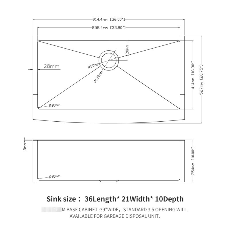 Évier de 36 po - Acier inoxydable de calibre 16 - Surface facile à nettoyer, sans égratignures. Bon drainage avec fond incliné. Comprend un évier, un support, une grille de rinçage, des pinces d'installation, un drain de 3,5 po,