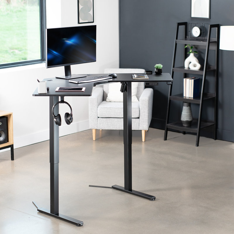 Bureau debout d'angle électrique VIVO, poste de travail en L (série E1L94B), Noir / Noir