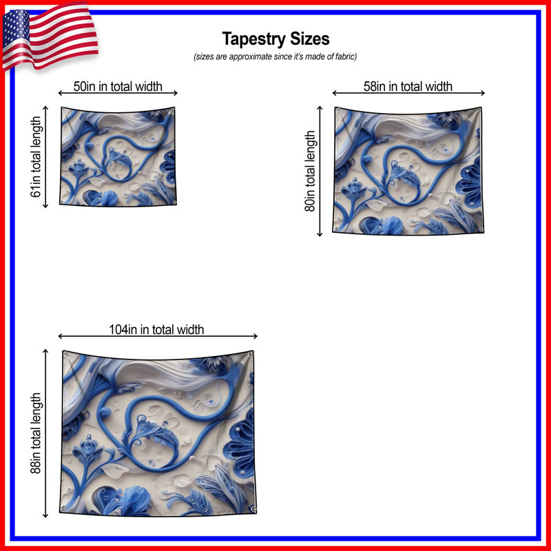 Tapisserie murale fleurs bleues quilling bleues, 104in H x88 with 4 Grommets