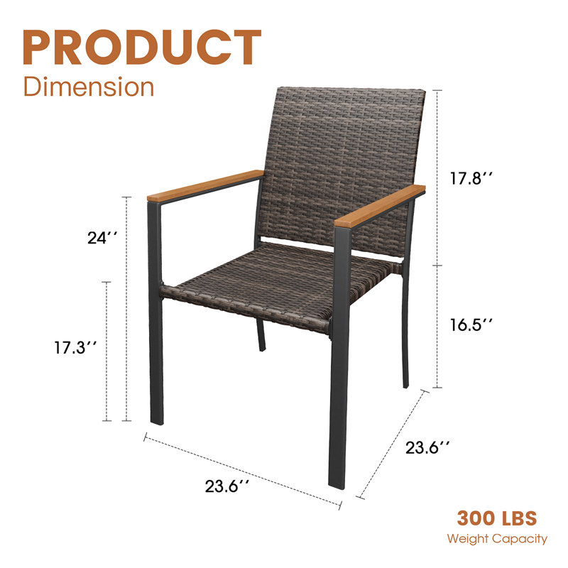 Patio Dining Chairs with Rattan Chair Seat and Solid Wood Armrest
