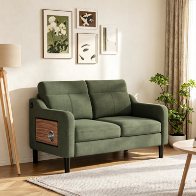 Lambertville Modern Loveseat Sofa with Built-in Side Table, Charging Station, Cup Holder & Storage Pocket