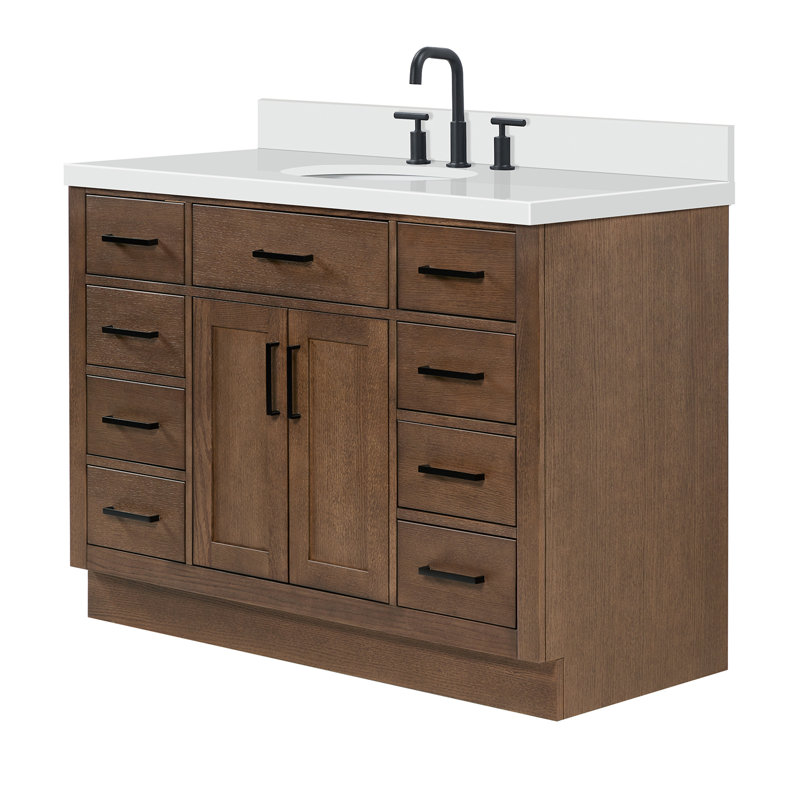 Ensemble de meuble-lavabo simple en bois massif 48 po avec lavabo en quartz blanc 1,5 po Tidworth, Ovale, Chêne brun