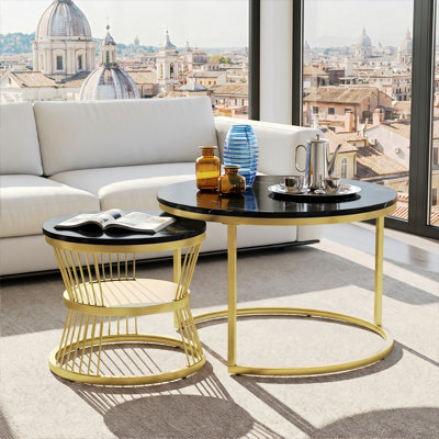 Round Nesting Coffee Tables Set (70+45cm), High-Gloss Faux Marble Top With Wire Metal Frame