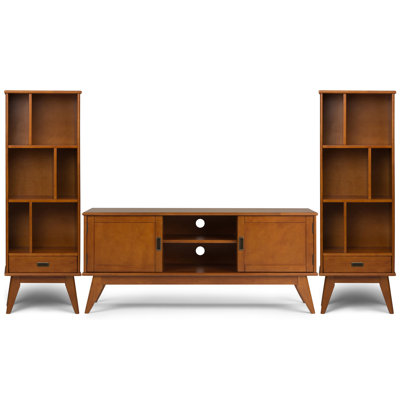 Draper Solid Wood Mid Century Modern 60 Inch Wide Tv Stand With Two 22 Inch Wide Bookcases In Teak Brown (Set Of 3)