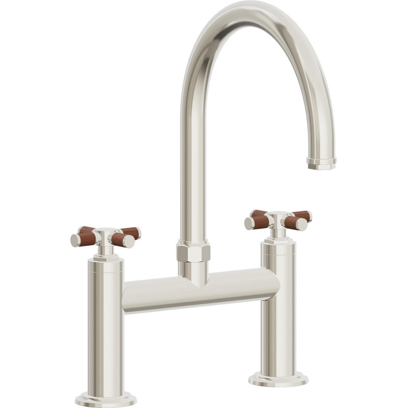Bridge Kitchen Faucet - Arc Spout, Polished Nickel, Without Side Spray, Teak Cross Handle