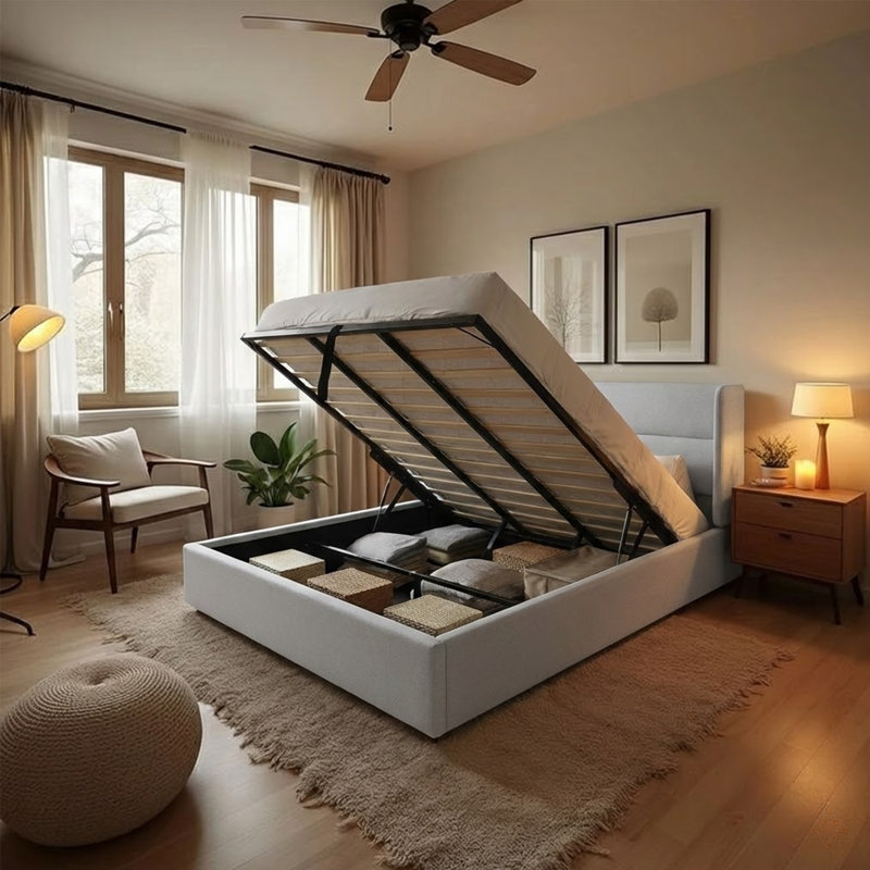 Lit plateforme tapissier avec rangement Gaillarde, Très grand, Blanc grisâtre