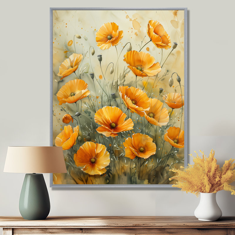 «Yellow Poppies Whispers Of Joy I» - Art mural coquelicots, Encadrement argenté, H 20 po x l 12 po x P 1 po