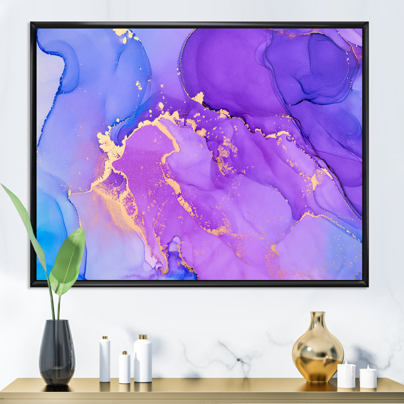 «Mauve et bleu luxe abstrait fluide» - Peinture sur toile, H 24 po x l 32 po x P 1 po, Cadre flottant noir