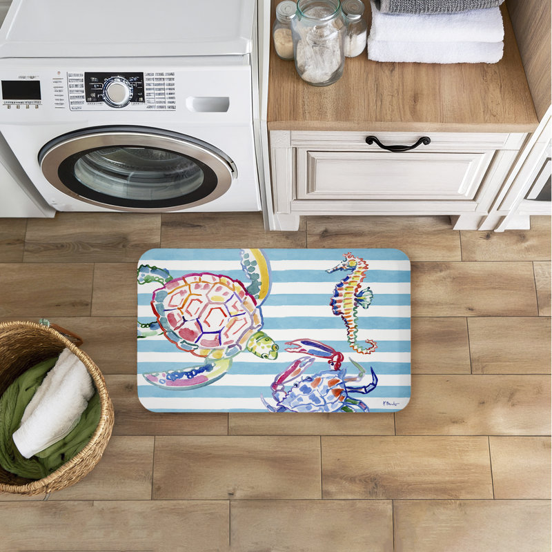 Tapis de sol anti-fatigue Brushstroke Sea Life on Stripes, par Paul Brent, Pieuvre coup de pinceau sur rayures