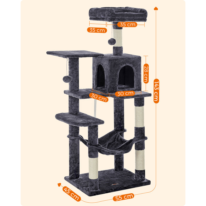 143cm H Cat Tree, Smoky Grey, 143cm H x 55cm W x 45cm D