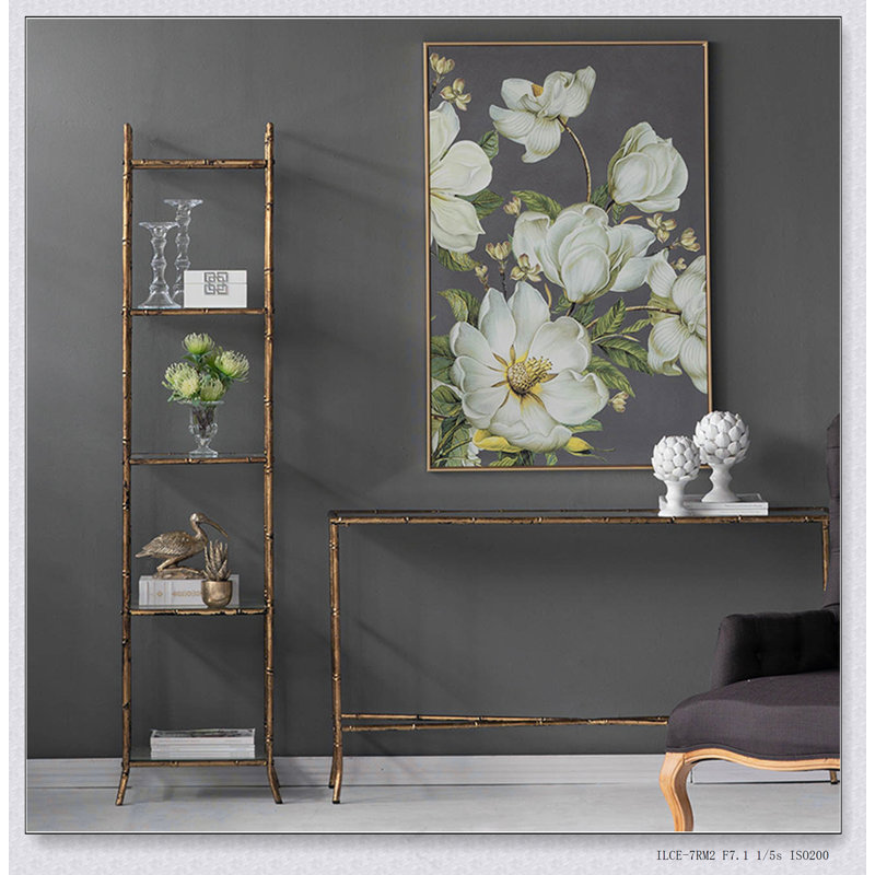 Console 56,5 x 14 x 30 po or antique, plateau en miroir