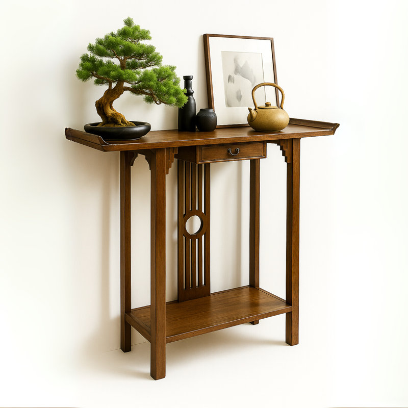 Wooden Oriental Console Table 82cm, Storage Shelves and Drawer, Hallway Table Entryway Furniture