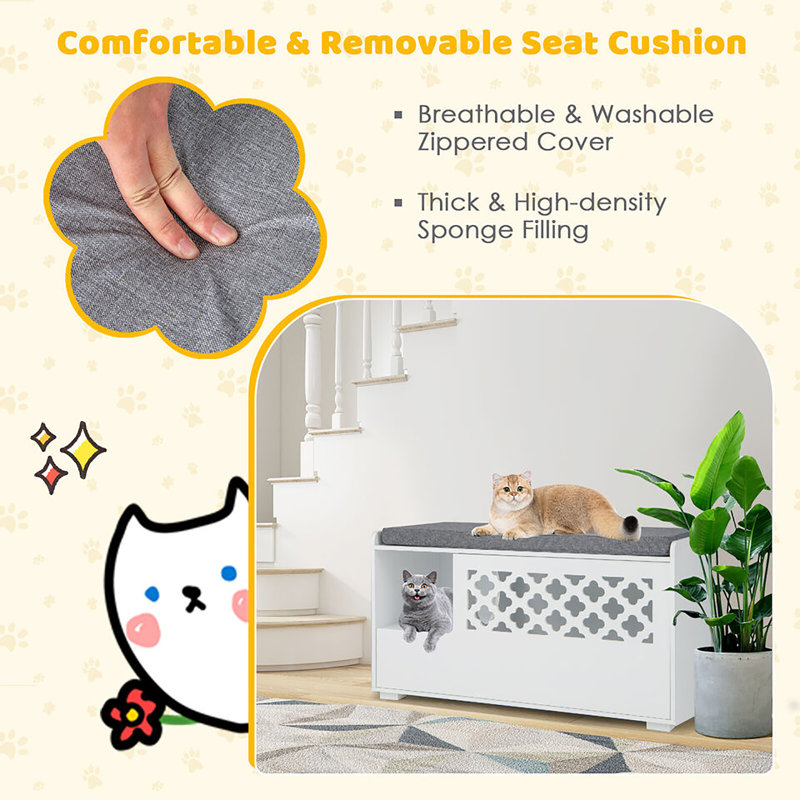 White MDF Cat Litter Box Enclosure with Removable Cushion