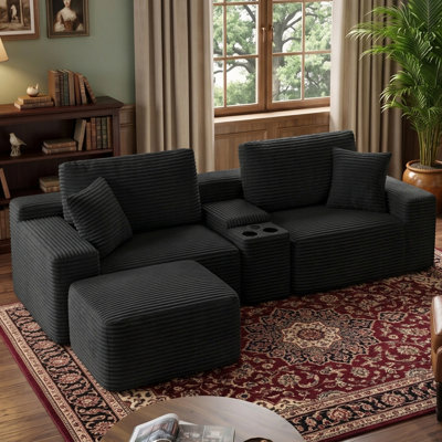 111" Corduroy Boneless Modular Sectional Sofa with Movable Ottoman, Oversized L Shaped Compression Couch with Cup Holder & Storage, USB Charging, No Assembly Required, Comfy Deep Seart Cloud Couch for Living Room, Apartment, Small Space