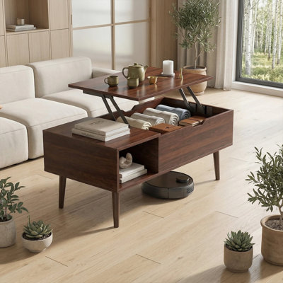 Practical Height-Adjustable Wooden Coffee Table, Classic Dark Brown Design, With Hidden Storage Compartments And Adjustable Shelves, Suitable For Various Occasions.