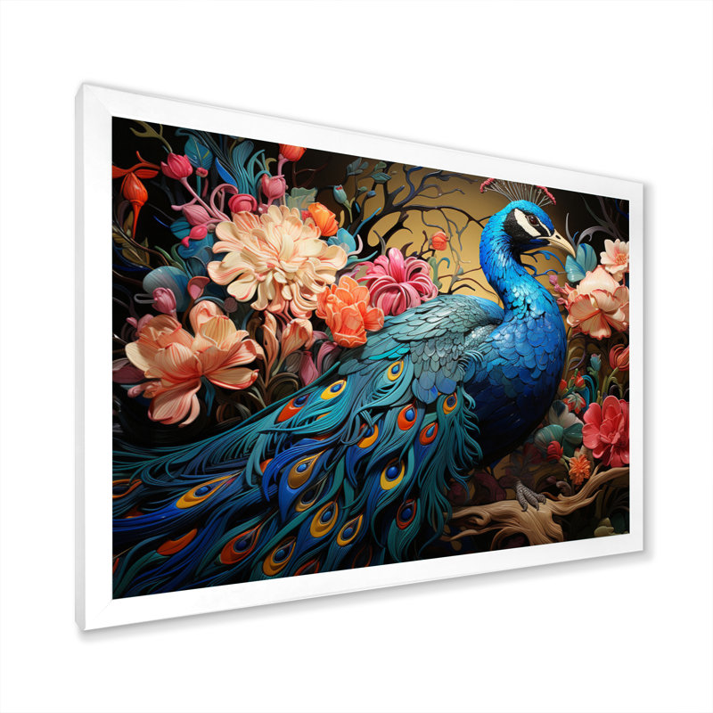 Teal Peacock Parade II - Animals Canvas Art Print, H 24 po x l 32 po x P 1 po, Cadre simple blanc