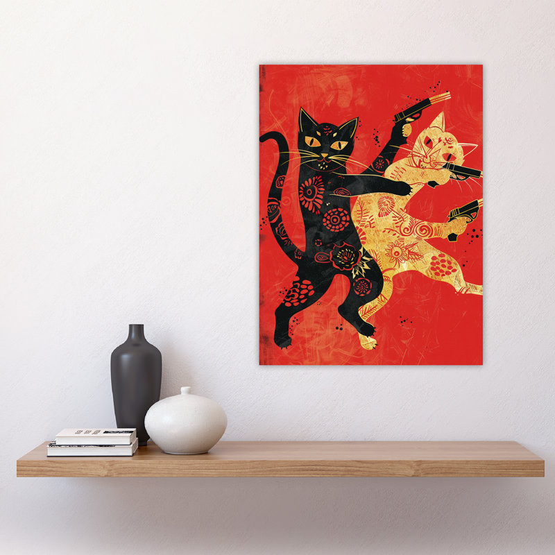 Wall Art Print Cat Fight Fun Lover Red Japanese Style Poster