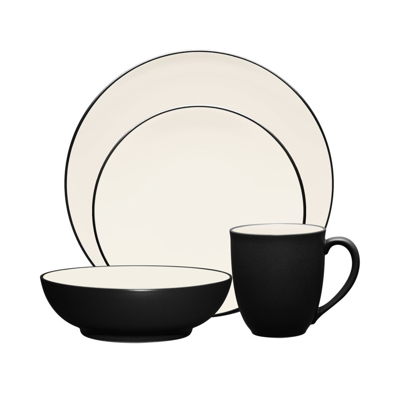 Matte Black and White Ceramic 4-Piece Dinnerware Set