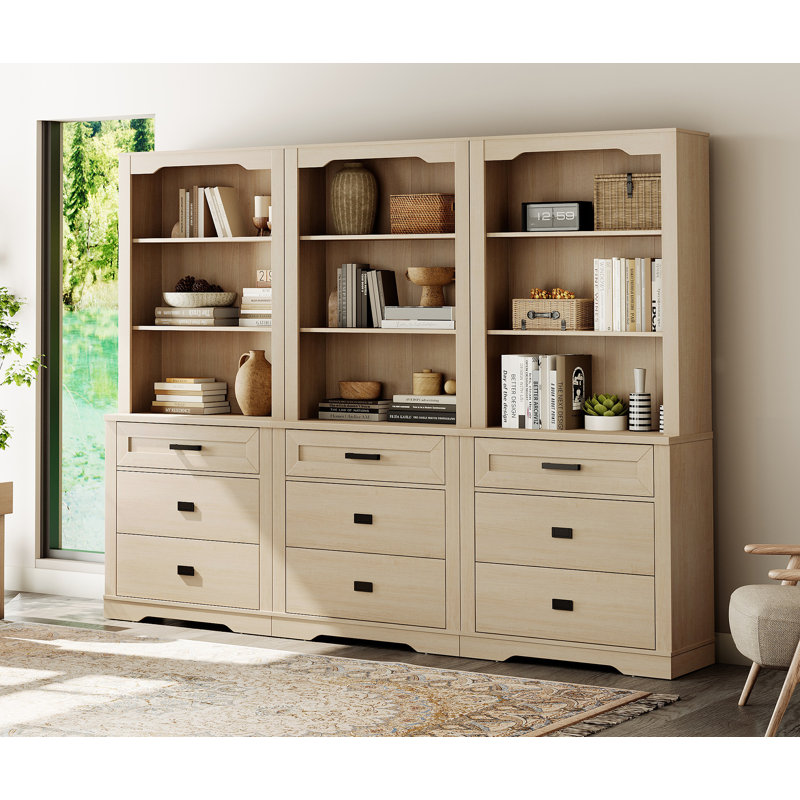 Laziza 3 Column 3 Tier Bookcase With Drawer,73.3" Tall Floor Standing Bookshelf,Modern Farmhouse Display Storage Cabinet With Adjustable Shelves