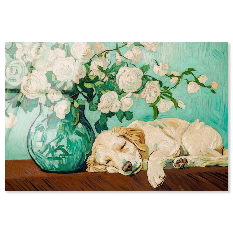 Art moderne en acrylique «Rose Vase Puppy» par Art Remedy, prêt à être suspendu, H 10 po x l 15 po
