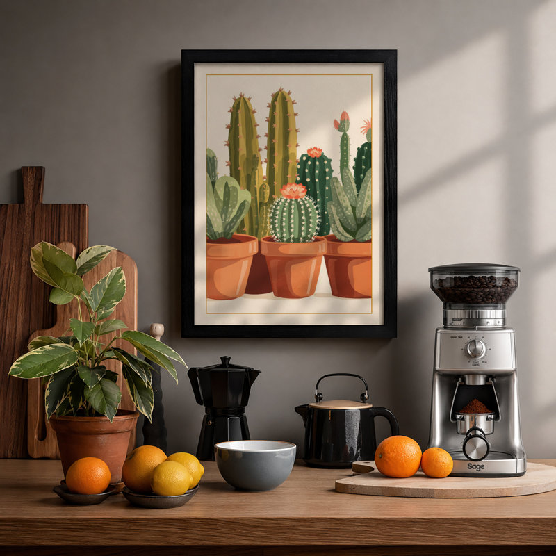 Potted Desert Specimens Botanical - Framed Print, A4 - 29.7 x 21.0 cm, Black