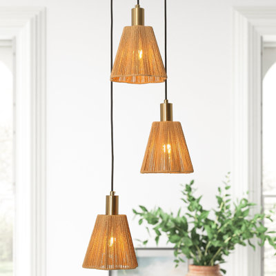 Luminaire suspendu en rotin 3 lumières avec cordons réglables, compatible E26